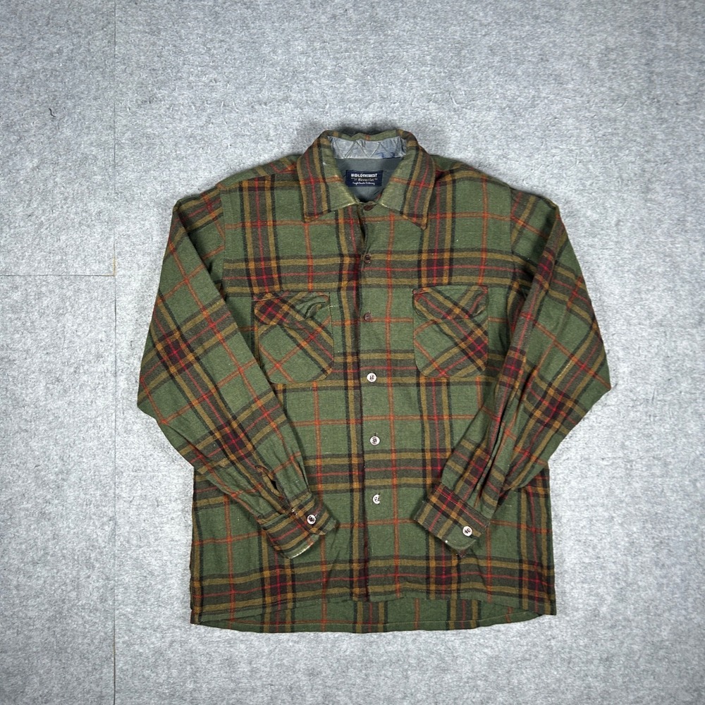 Wool O The West Shirt Mens medium Green Plaid Flannel Single Needle Tailoring